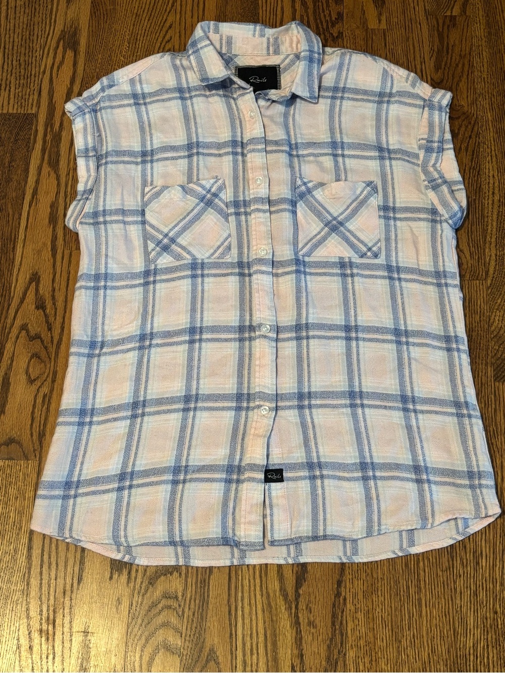 RAILS Britt Plaid Cap Sleeve Button Down Shirt Pink Blue Melange White XS